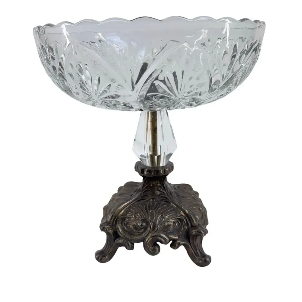 Vintage Crystal Pedestal Compote Dish with Ornate Brass Base, Candy Nut Bowl - Picture 3 of 10